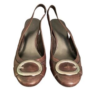 Nine West Slingback Block Heeled Leather Pumps Womens Size 9M Brown